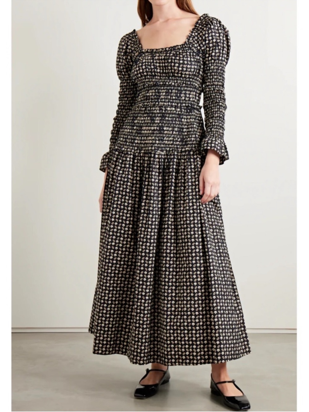 JY26 Doen Bellamy Shirred Printed Organic Cotton Poplin Maxi Dress